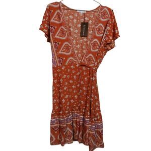 R. Vivimos Orange and Purple Bohemian Patterned Mini Wrap Dress Size 12